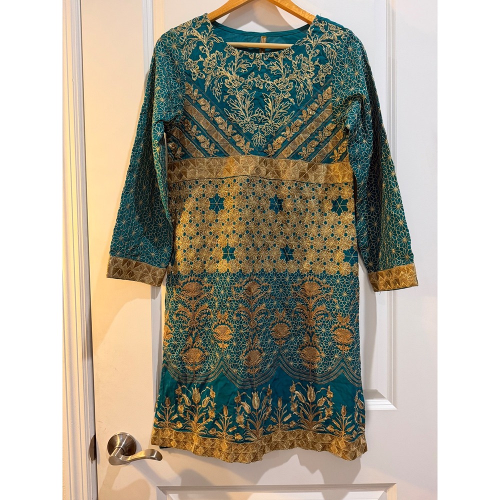 Beech Tree Pakistani Designer Kurta Tunic Teal Green Gold Embroidered Size 8